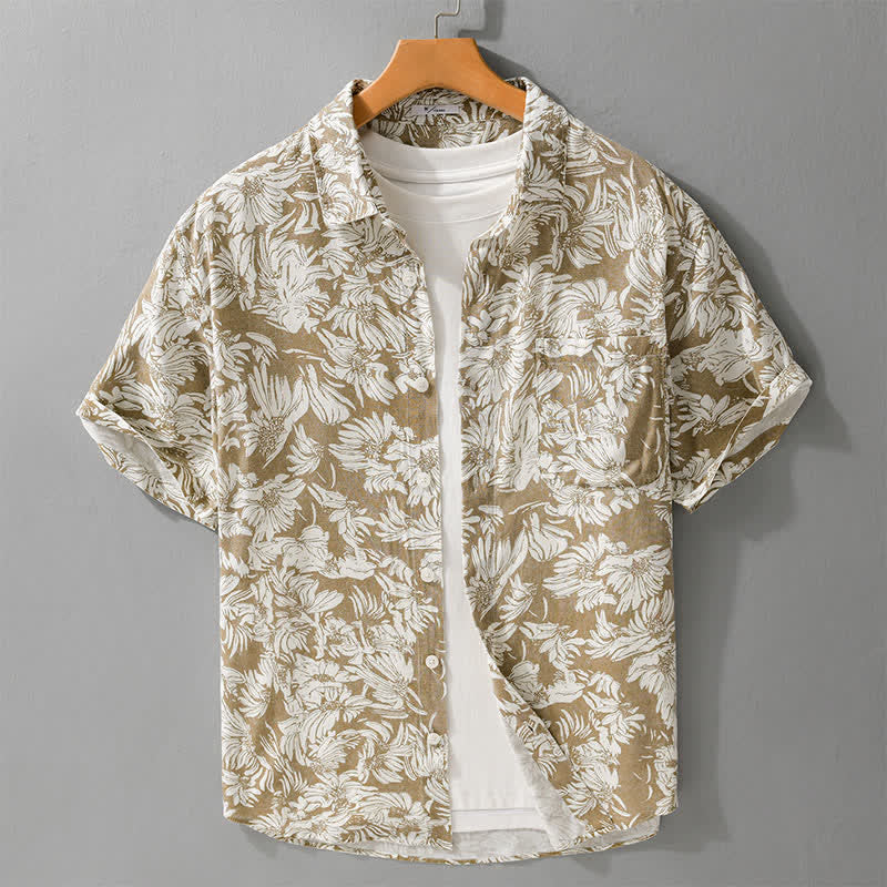 Buddha Stones Lässiges Sommerhemd mit Knopfleiste, Sonnenblumenmuster, kurzen Ärmeln und aufgesetzter Tasche für Herren. - Dunkelkhaki - US/ UK/AU44, EU54 (3XL) - image 6
