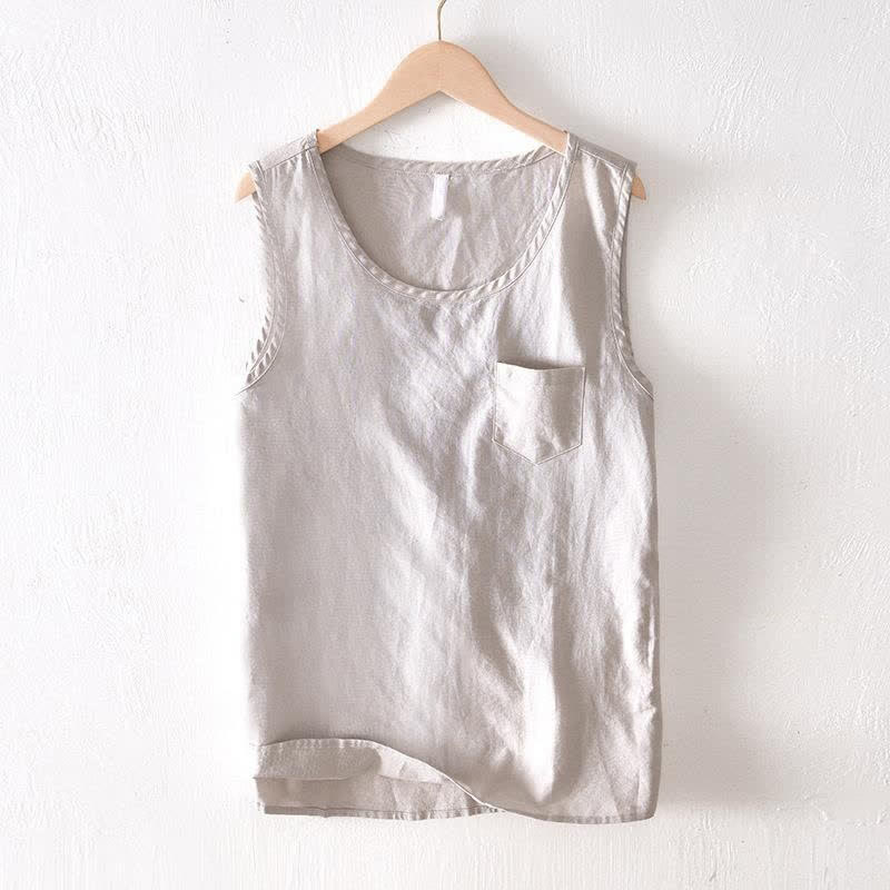Buddha Stones Lässiges, minimalistisches Sommer-Tanktop für Herren, ärmellos, mit aufgesetzter Tasche - Leinen - US/UK/AU42, EU52 (3XL) - image 4