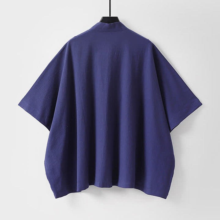 Buddha Stones Minimalistischer, einfarbiger Herrenkimono mit kurzen Ärmeln, Kordelzug, Schnürung und Taschen für den Sommer - image 6