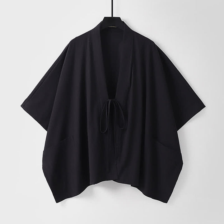 Buddha Stones Minimalistischer, einfarbiger Herrenkimono mit kurzen Ärmeln, Kordelzug, Schnürung und Taschen für den Sommer - Schwarz - US/UK/AU40, EU50 (L) - image 2