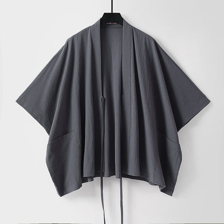 Buddha Stones Minimalistischer, einfarbiger Herrenkimono mit kurzen Ärmeln, Kordelzug, Schnürung und Taschen für den Sommer - image 1