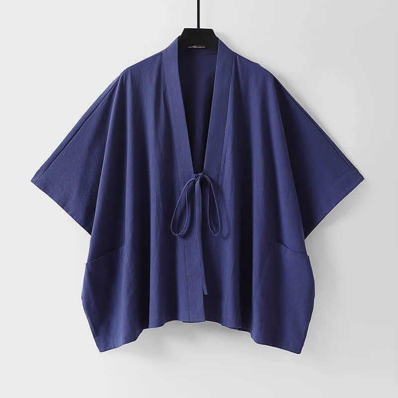 Buddha Stones Minimalistischer, einfarbiger Herrenkimono mit kurzen Ärmeln, Kordelzug, Schnürung und Taschen für den Sommer - Dunkelschieferblau - US/UK/AU40, EU50 (L) - image 4