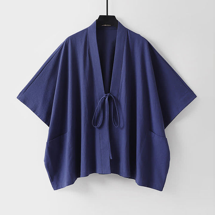 Buddha Stones Minimalistischer, einfarbiger Herrenkimono mit kurzen Ärmeln, Kordelzug, Schnürung und Taschen für den Sommer - Dunkelschieferblau - US/UK/AU40, EU50 (L) - image 4