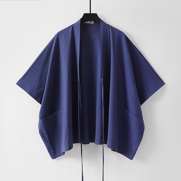 Buddha Stones Minimalistischer, einfarbiger Herrenkimono mit kurzen Ärmeln, Kordelzug, Schnürung und Taschen für den Sommer - image 5