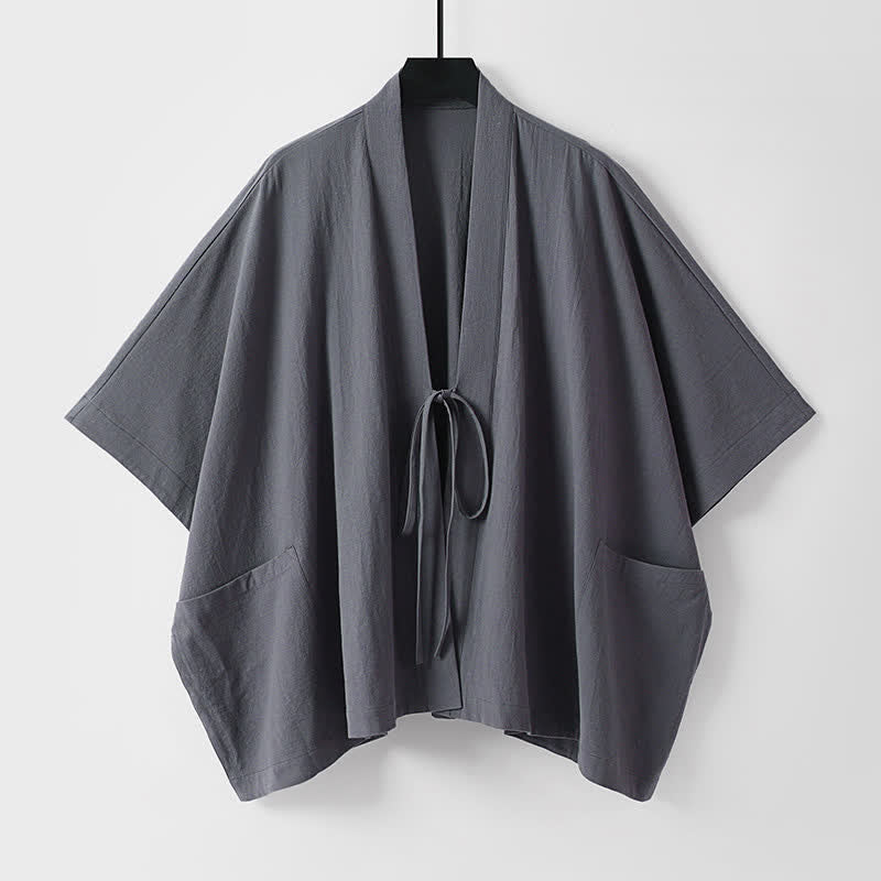 Buddha Stones Minimalistischer, einfarbiger Herrenkimono mit kurzen Ärmeln, Kordelzug, Schnürung und Taschen für den Sommer - DimGray - US/UK/AU40, EU50 (L) - image 0