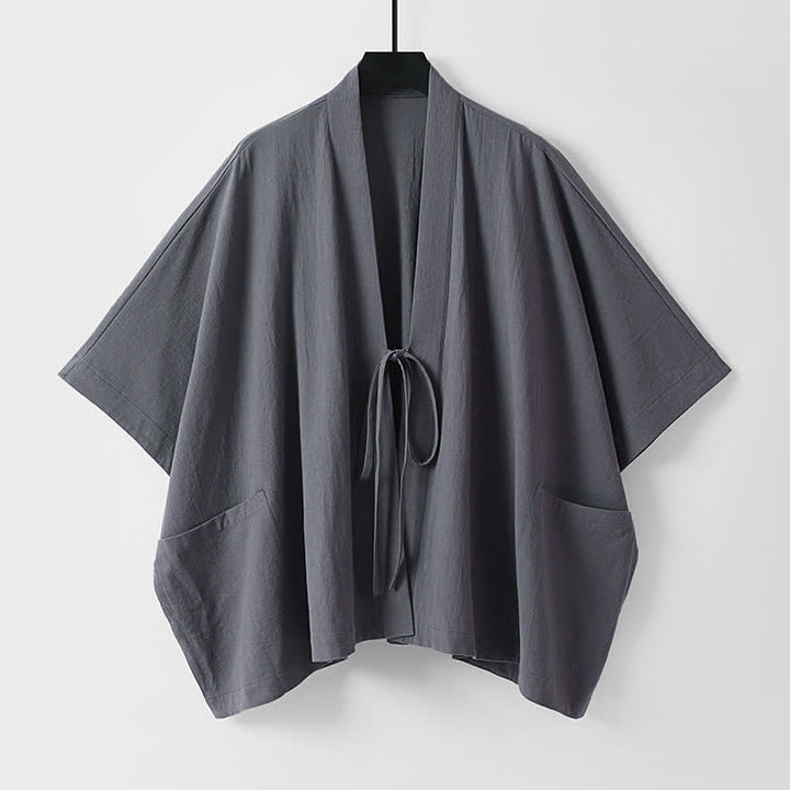 Buddha Stones Minimalistischer, einfarbiger Herrenkimono mit kurzen Ärmeln, Kordelzug, Schnürung und Taschen für den Sommer - DimGray - US/UK/AU40, EU50 (L) - image 0
