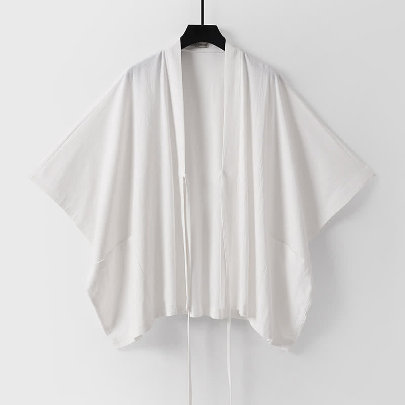 Buddha Stones Minimalistischer, einfarbiger Herrenkimono mit kurzen Ärmeln, Kordelzug, Schnürung und Taschen für den Sommer - image 14