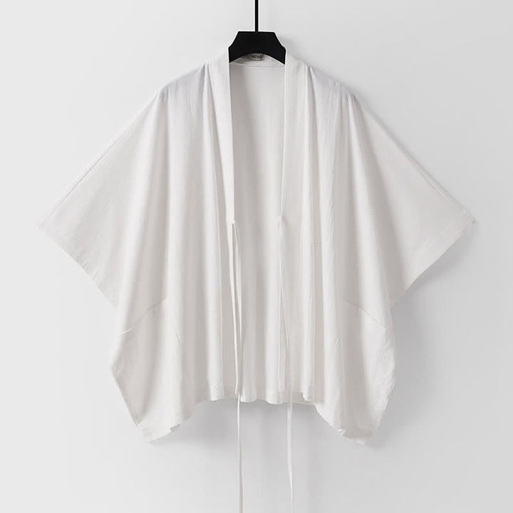 Buddha Stones Minimalistischer, einfarbiger Herrenkimono mit kurzen Ärmeln, Kordelzug, Schnürung und Taschen für den Sommer - image 14