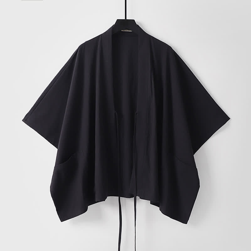 Buddha Stones Minimalistischer, einfarbiger Herrenkimono mit kurzen Ärmeln, Kordelzug, Schnürung und Taschen für den Sommer - image 3