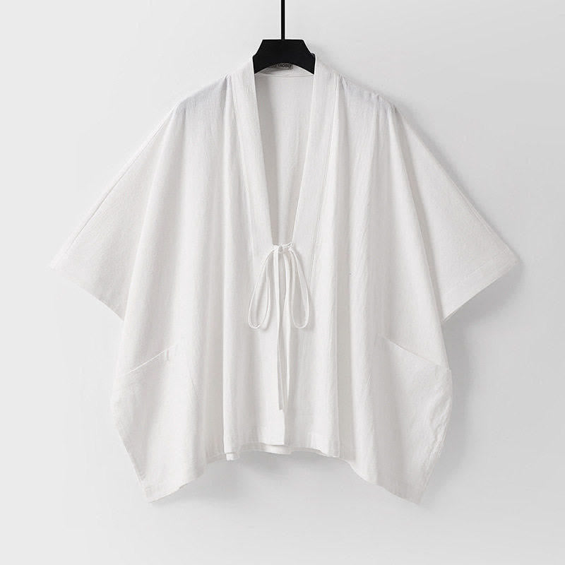 Buddha Stones Minimalistischer, einfarbiger Herrenkimono mit kurzen Ärmeln, Kordelzug, Schnürung und Taschen für den Sommer - Weiß - US/UK/AU40, EU50 (L) - image 13
