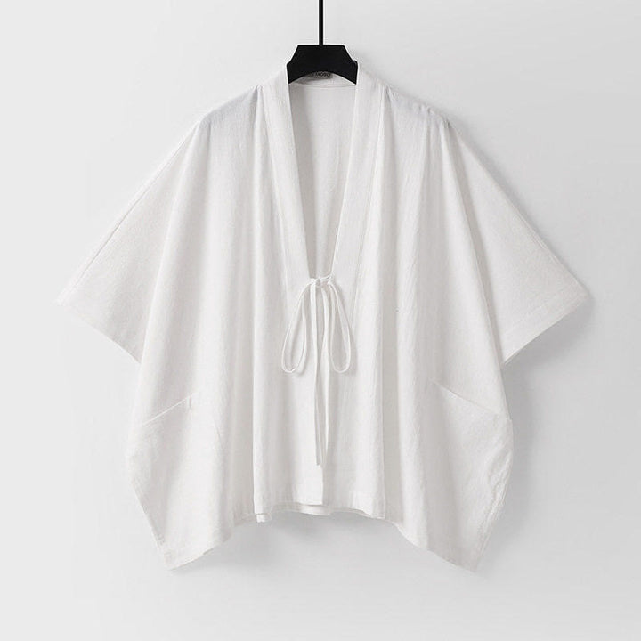 Buddha Stones Minimalistischer, einfarbiger Herrenkimono mit kurzen Ärmeln, Kordelzug, Schnürung und Taschen für den Sommer - Weiß - US/UK/AU40, EU50 (L) - image 13