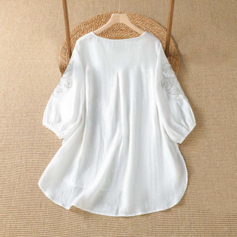 Buddha Stones Sommerliches, lässig-elegantes, weiß besticktes Damen-Langarmshirt mit Blumenmuster und Rundhalsausschnitt - image 7