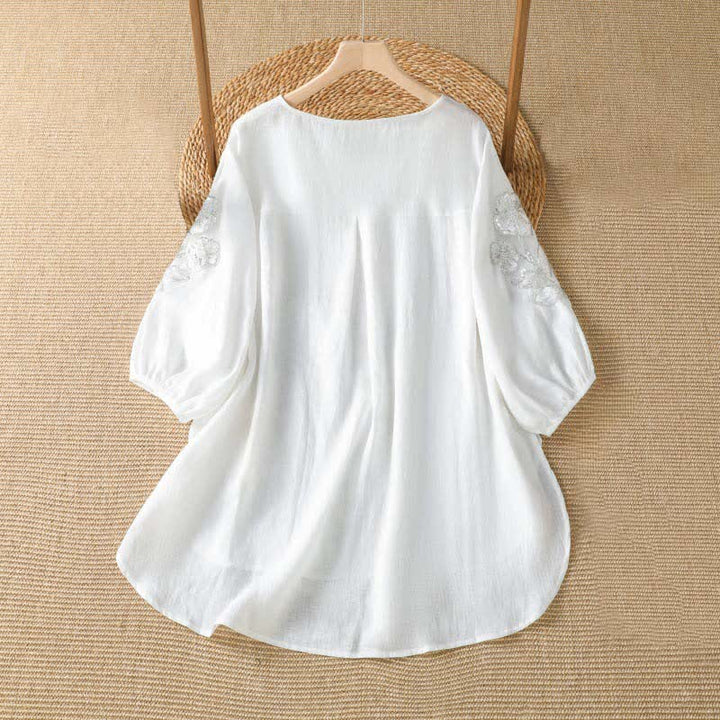 Buddha Stones Sommerliches, lässig-elegantes, weiß besticktes Damen-Langarmshirt mit Blumenmuster und Rundhalsausschnitt - image 7