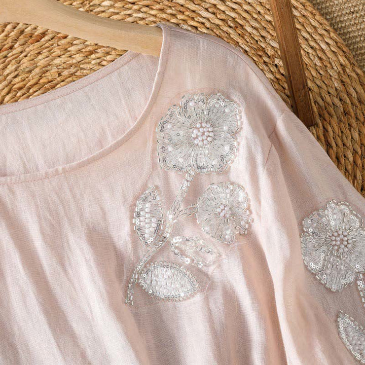 Buddha Stones Sommerliches, lässig-elegantes, weiß besticktes Damen-Langarmshirt mit Blumenmuster und Rundhalsausschnitt - image 2