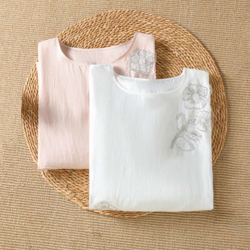 Buddha Stones Sommerliches, lässig-elegantes, weiß besticktes Damen-Langarmshirt mit Blumenmuster und Rundhalsausschnitt - image 9