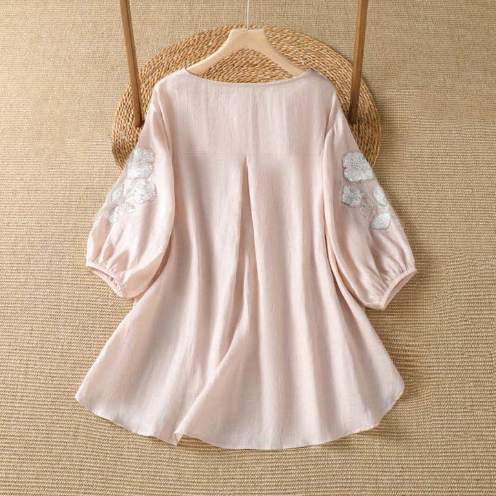 Buddha Stones Sommerliches, lässig-elegantes, weiß besticktes Damen-Langarmshirt mit Blumenmuster und Rundhalsausschnitt - image 1