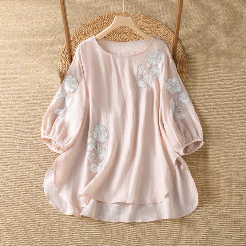 Buddha Stones Sommerliches, lässig-elegantes, weiß besticktes Damen-Langarmshirt mit Blumenmuster und Rundhalsausschnitt - MistyRose - US14, UK/AU18, EU46 (2XL) - image 0