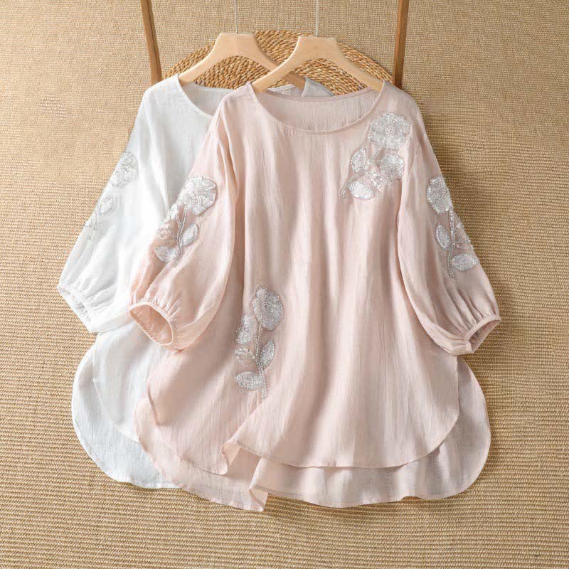 Buddha Stones Sommerliches, lässig-elegantes, weiß besticktes Damen-Langarmshirt mit Blumenmuster und Rundhalsausschnitt - image 8