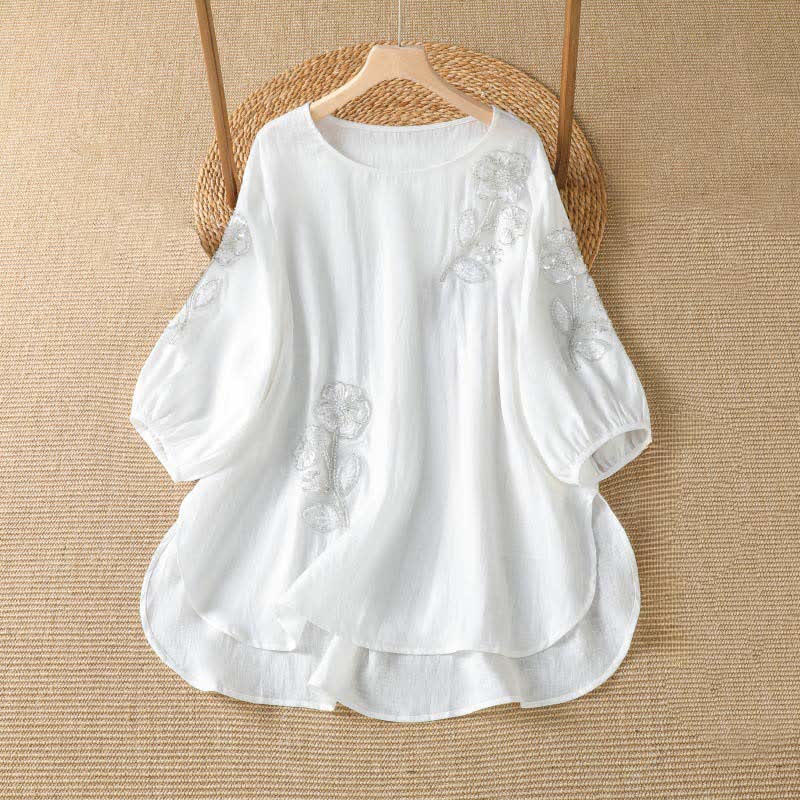 Buddha Stones Sommerliches, lässig-elegantes, weiß besticktes Damen-Langarmshirt mit Blumenmuster und Rundhalsausschnitt - Weiß - US14, UK/AU18, EU46 (2XL) - image 6