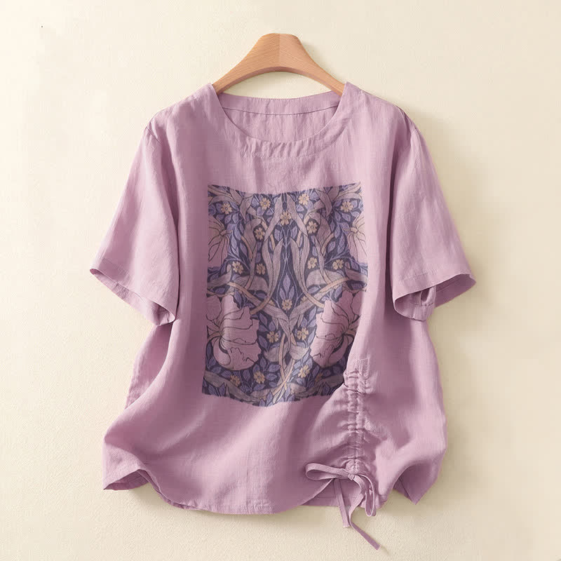 Buddha Stones Sommerliches, lässiges Vintage-T-Shirt mit Kordelzug und abstraktem Blumenmuster, Kurzarm, für Damen - Pflaume - US8-10, UK/AU12-14, EU40-42 (2XL) - image 0