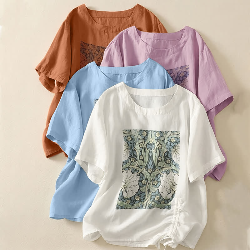 Buddha Stones Sommerliches, lässiges Vintage-T-Shirt mit Kordelzug und abstraktem Blumenmuster, Kurzarm, für Damen - image 21