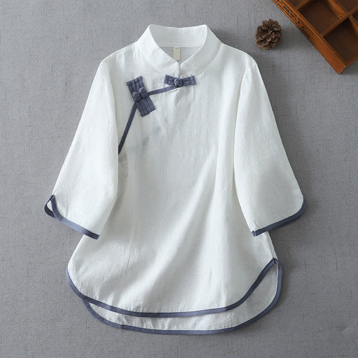 Buddha Stones Sommerliche, minimalistische Kurzarmbluse im Tang-Stil mit Stehkragen und Froschknopf für Damen. - Weiß - US12, UK/AU16, EU44 (3XL) - image 7