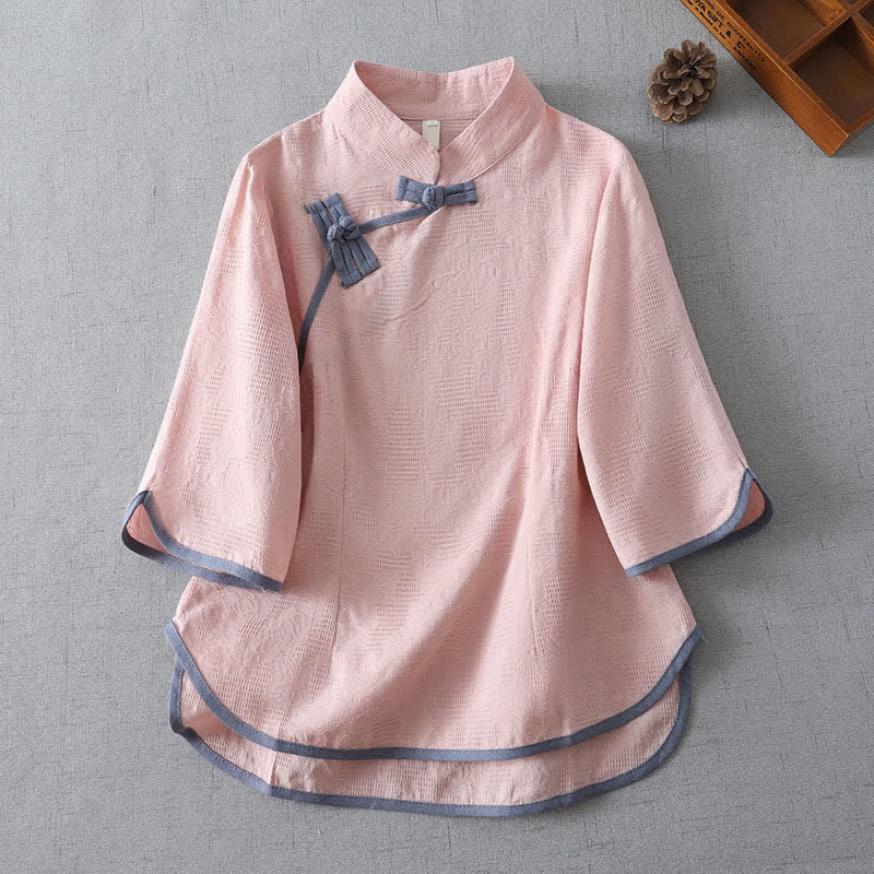 Buddha Stones Sommerliche, minimalistische Kurzarmbluse im Tang-Stil mit Stehkragen und Froschknopf für Damen. - Rosa - US12, UK/AU16, EU44 (3XL) - image 1