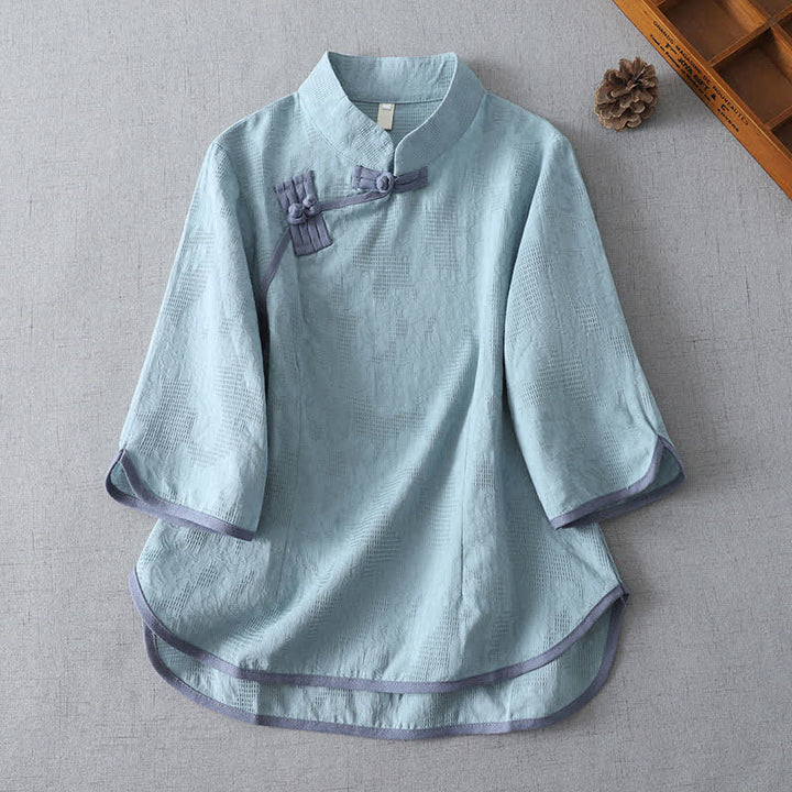 Buddha Stones Sommerliche, minimalistische Kurzarmbluse im Tang-Stil mit Stehkragen und Froschknopf für Damen. - Hellblau - US12, UK/AU16, EU44 (3XL) - image 6
