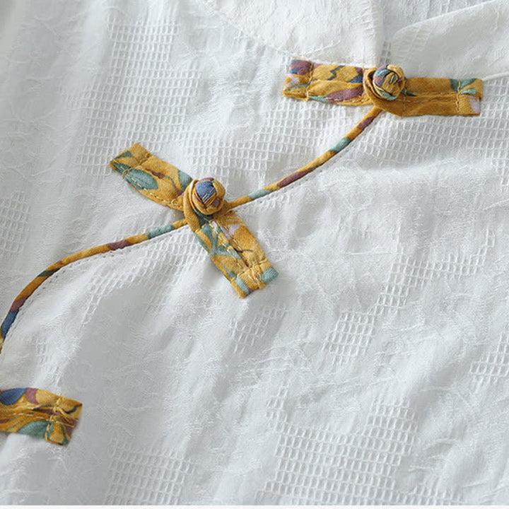 Buddha Stones Sommerliche Tang Style Casual Frog Button Solid Damenbluse mit Ellbogenlänge - image 12