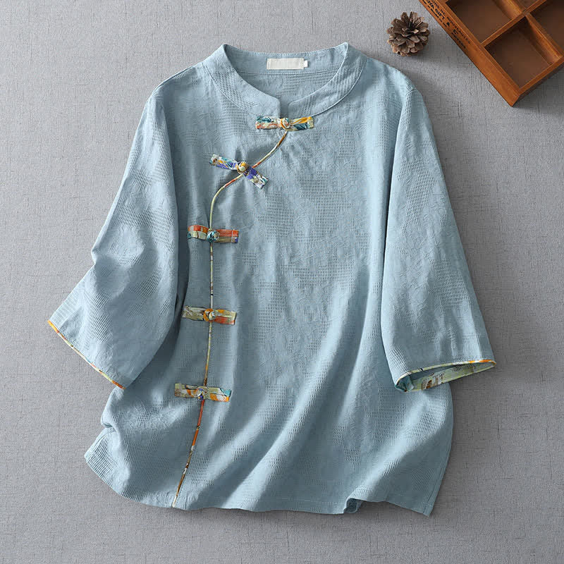 Buddha Stones Sommerliche Tang Style Casual Frog Button Solid Damenbluse mit Ellbogenlänge - Hellblau - US8-10, UK/AU12-14, EU40-42 (2XL) - image 4