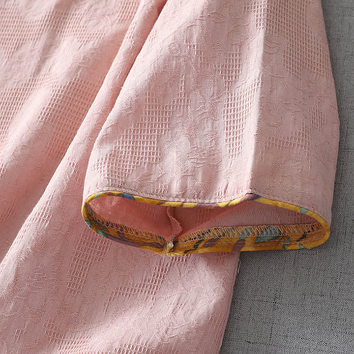 Buddha Stones Sommerliche Tang Style Casual Frog Button Solid Damenbluse mit Ellbogenlänge - image 3