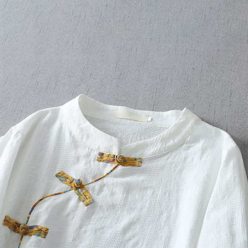 Buddha Stones Sommerliche Tang Style Casual Frog Button Solid Damenbluse mit Ellbogenlänge - image 10