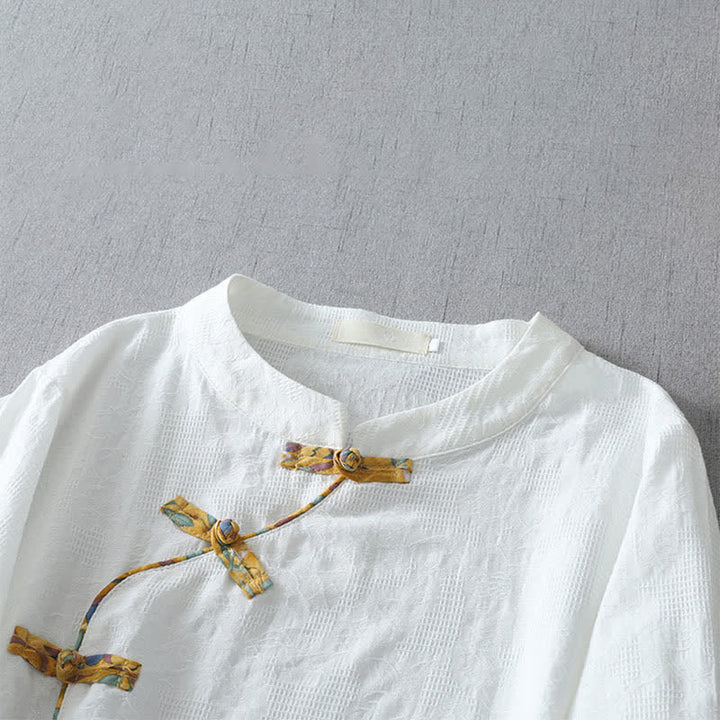 Buddha Stones Sommerliche Tang Style Casual Frog Button Solid Damenbluse mit Ellbogenlänge - image 10