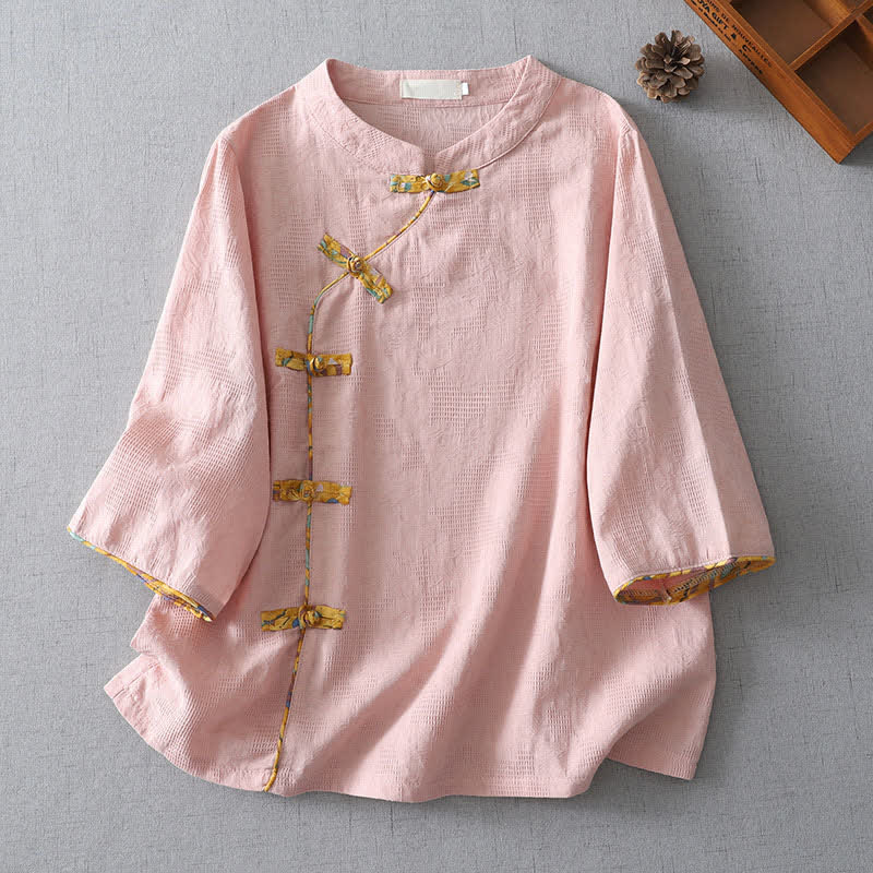 Buddha Stones Sommerliche Tang Style Casual Frog Button Solid Damenbluse mit Ellbogenlänge - Hellrosa - US8-10, UK/AU12-14, EU40-42 (2XL) - image 0
