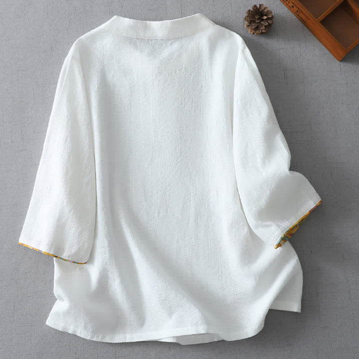 Buddha Stones Sommerliche Tang Style Casual Frog Button Solid Damenbluse mit Ellbogenlänge - image 9