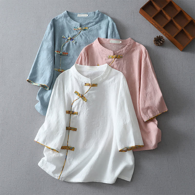 Buddha Stones Sommerliche Tang Style Casual Frog Button Solid Damenbluse mit Ellbogenlänge - image 16