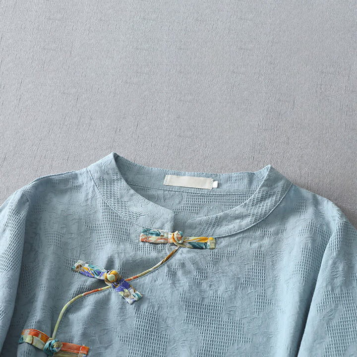 Buddha Stones Sommerliche Tang Style Casual Frog Button Solid Damenbluse mit Ellbogenlänge - image 5