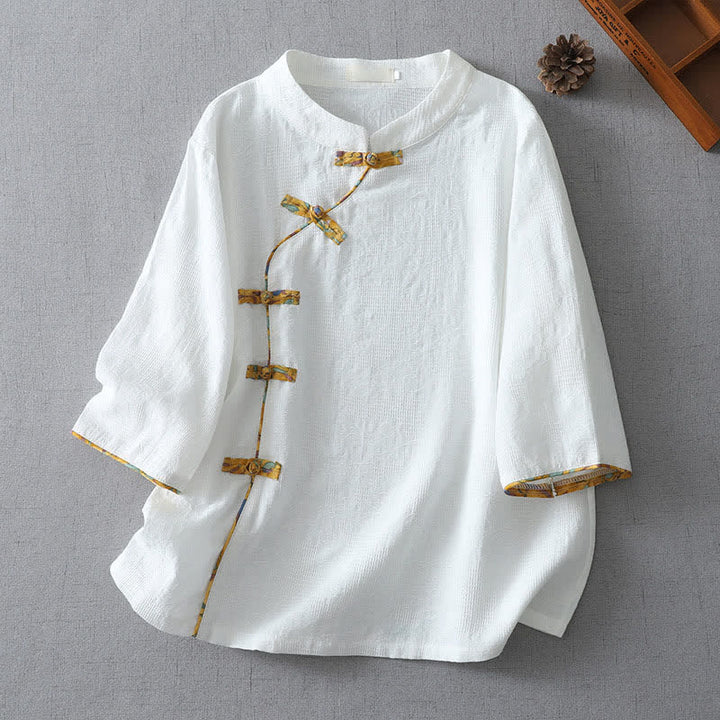 Buddha Stones Sommerliche Tang Style Casual Frog Button Solid Damenbluse mit Ellbogenlänge - Weiß - US8-10, UK/AU12-14, EU40-42 (2XL) - image 8