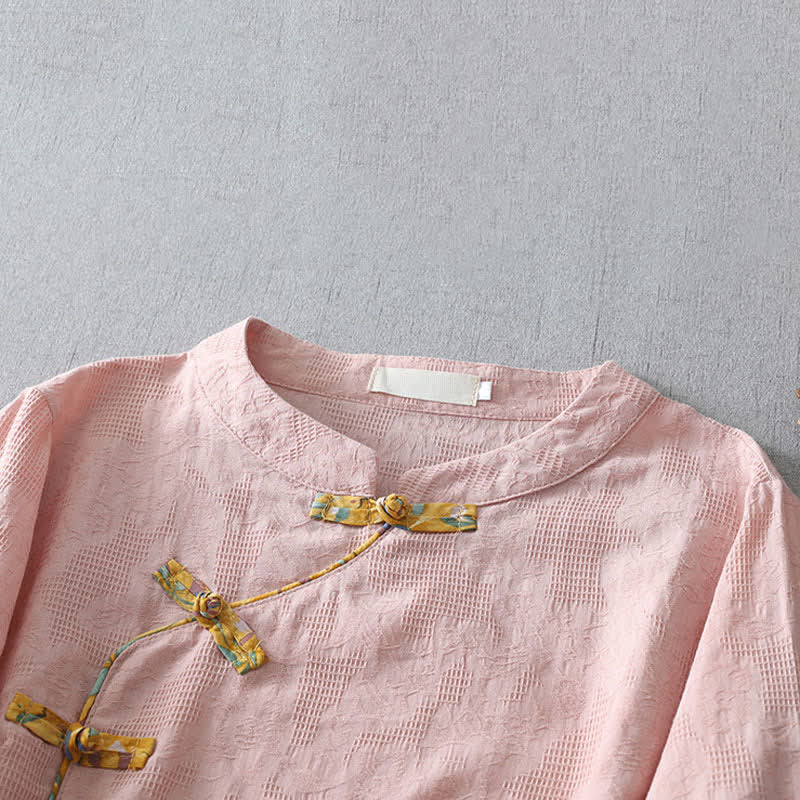 Buddha Stones Sommerliche Tang Style Casual Frog Button Solid Damenbluse mit Ellbogenlänge - image 1