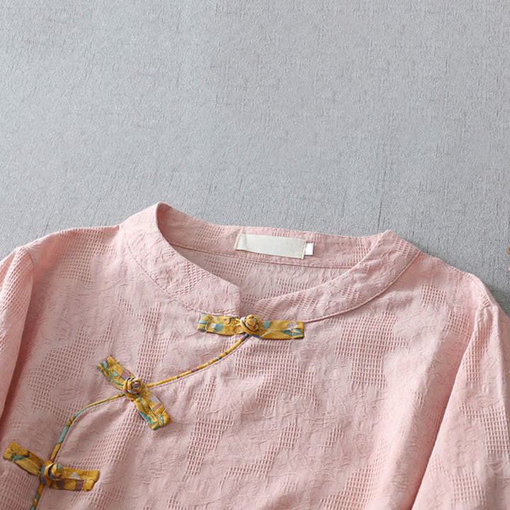 Buddha Stones Sommerliche Tang Style Casual Frog Button Solid Damenbluse mit Ellbogenlänge - image 1