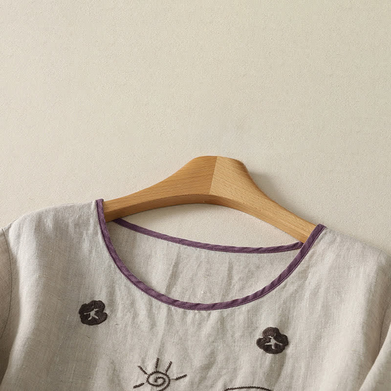 Buddha Stones Sommerliches, lässiges Vintage-T-Shirt mit abstraktem Sonnenblumenmuster und Stickerei, Kurzarm, für Damen - image 7