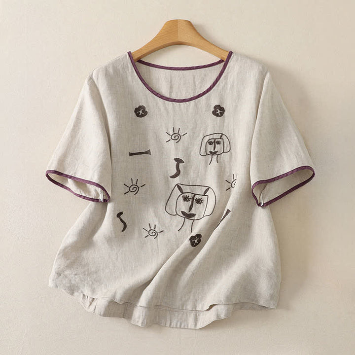 Buddha Stones Sommerliches, lässiges Vintage-T-Shirt mit abstraktem Sonnenblumenmuster und Stickerei, Kurzarm, für Damen - Leinen - US8-10, UK/AU12-14, EU40-42 (2XL) - image 5