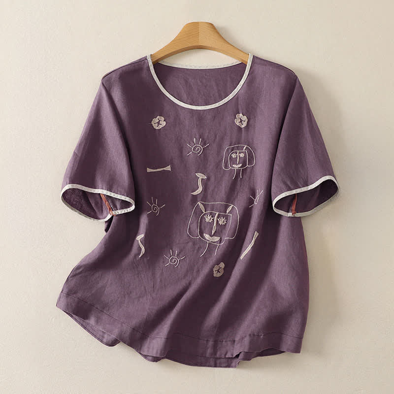 Buddha Stones Sommerliches, lässiges Vintage-T-Shirt mit abstraktem Sonnenblumenmuster und Stickerei, Kurzarm, für Damen - Lila - US8-10, UK/AU12-14, EU40-42 (2XL) - image 0