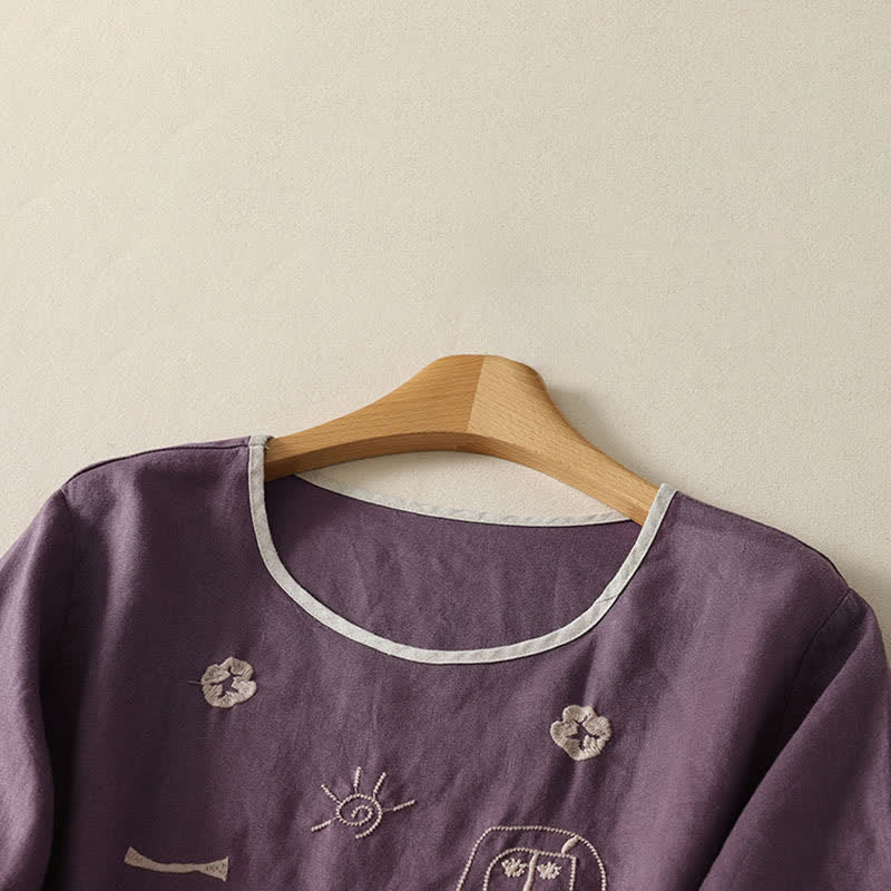 Buddha Stones Sommerliches, lässiges Vintage-T-Shirt mit abstraktem Sonnenblumenmuster und Stickerei, Kurzarm, für Damen - image 1