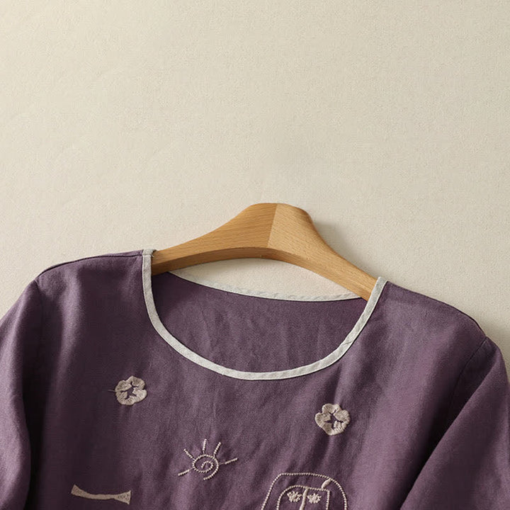 Buddha Stones Sommerliches, lässiges Vintage-T-Shirt mit abstraktem Sonnenblumenmuster und Stickerei, Kurzarm, für Damen - image 1