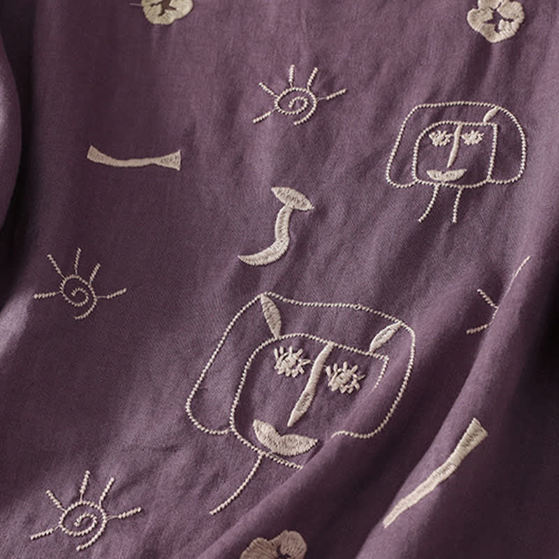 Buddha Stones Sommerliches, lässiges Vintage-T-Shirt mit abstraktem Sonnenblumenmuster und Stickerei, Kurzarm, für Damen - image 2
