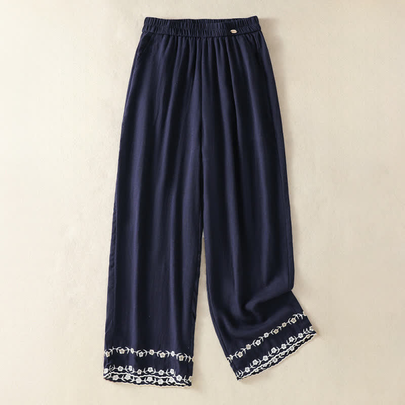 Buddha Stones Lässige, sommerliche Vintage-Hose mit Blumenstickerei, geradem Bein und Tasche - Marine - US8-10, UK/AU12-14, EU40-42 (2XL) - image 1