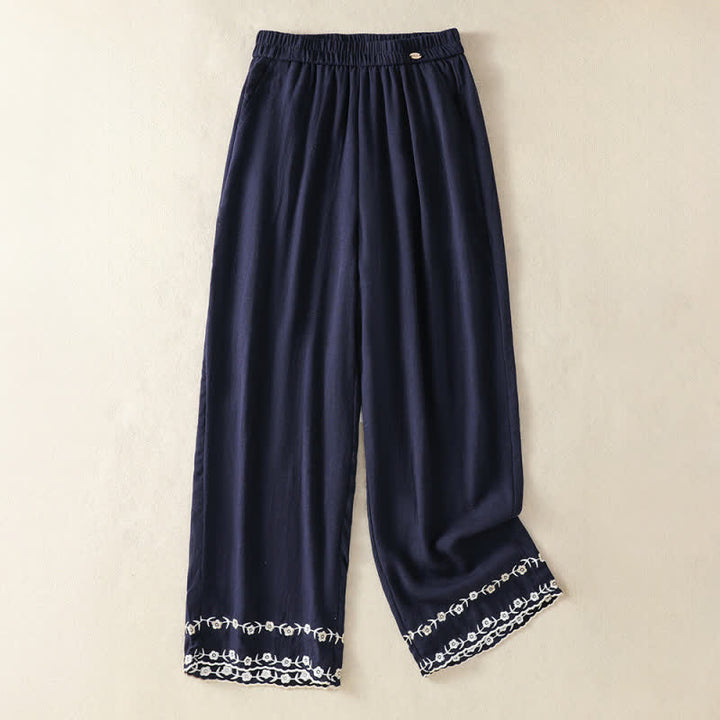 Buddha Stones Lässige, sommerliche Vintage-Hose mit Blumenstickerei, geradem Bein und Tasche - Marine - US8-10, UK/AU12-14, EU40-42 (2XL) - image 1