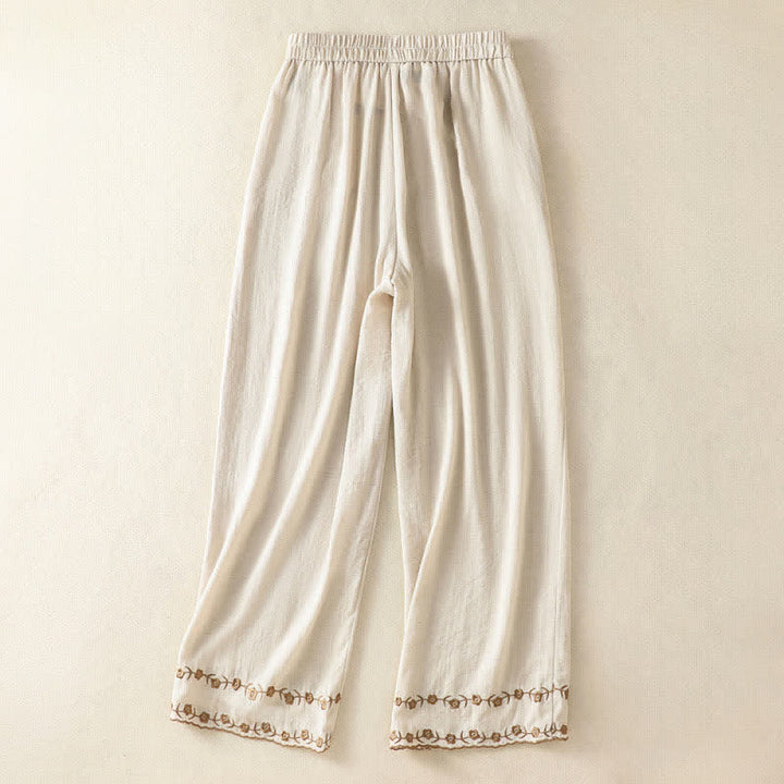 Buddha Stones Lässige, sommerliche Vintage-Hose mit Blumenstickerei, geradem Bein und Tasche - image 8