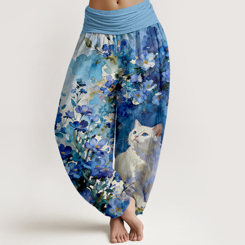 Buddha Stones Damen-Haremshose aus reiner Baumwolle mit weißem Katzenmuster und elastischem Bund - Hellblau - US16, UK/AU20, EU48 (3XL) - image 0